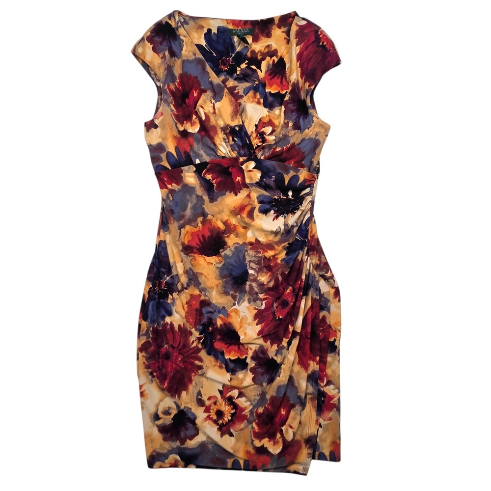 Lauren Ralph Lauren Sheath Dress Womens 12‎ Multicolor Floral Ruched Faux Wrap